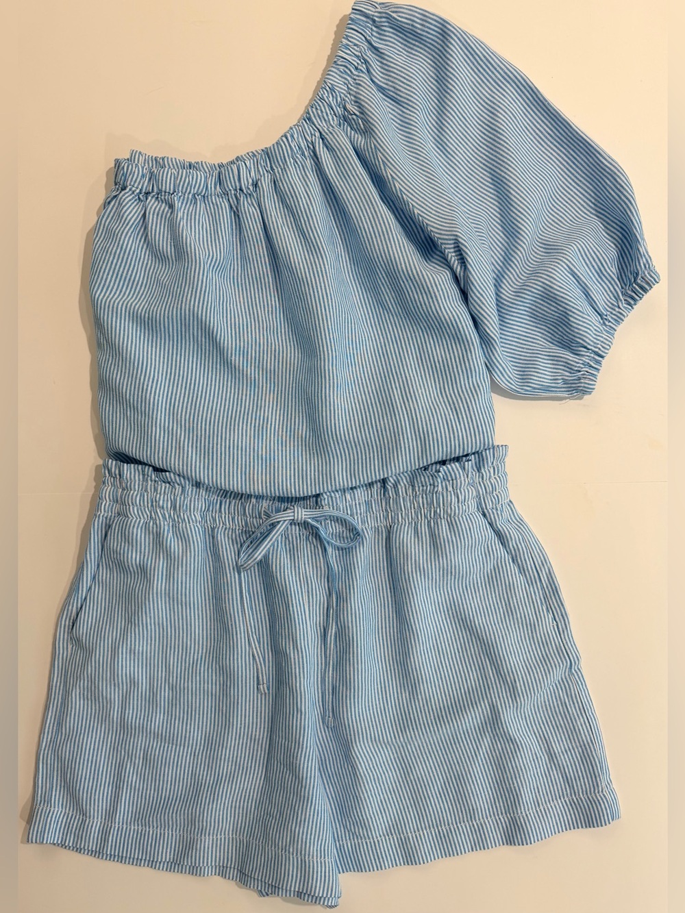 LOFT Blue White Striped 2 Piece Set Oversized One Shoulder Top Shorts NWT M/L